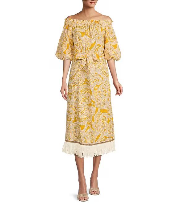 x The Nat Note Raney Off-the-Shoulder Printed Linen Blend Tie Waist A-Line Midi Dress | Dillard's