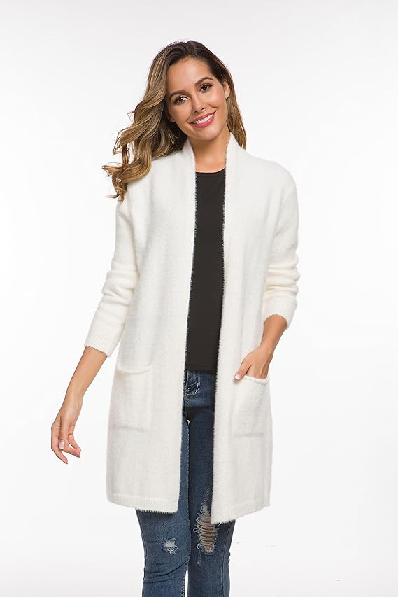 QIXING Women's 2022 Casual Open Front Knit Cardigans Long Sleeve Plush Sweater Coat with Pockets | Amazon (US)