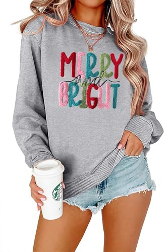 Merry Christmas Sweatshirts Women Merry And Bright Christmas Pullover Top Chenille Patch Letter P... | Amazon (US)
