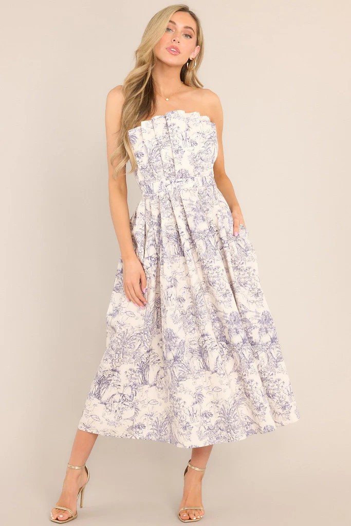 Our Life Together Navy Toile Strapless Midi Dress (ETA JUNE) | Red Dress