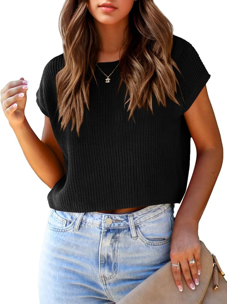 Saodimallsu Womens Cap Sleeve Crop Tops Summer Trendy Going Out Crew Neck Loose Knit Cropped Swea... | Amazon (US)