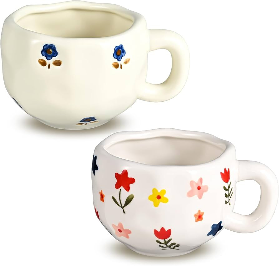 Coffee Mugs Set of 2, Ceramic Coffee Mug with Blue and Pink Floral, 10 oz Aesthetic Latte Art Cup... | Amazon (US)