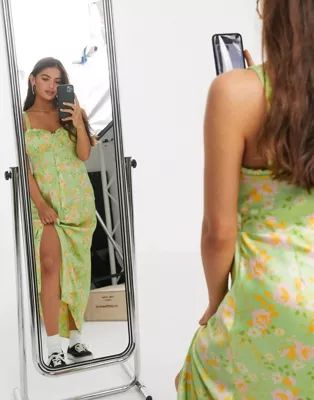 ASOS DESIGN satin button through cami maxi slip dress in floral print | ASOS (Global)