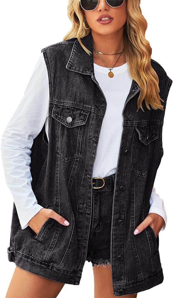 Bozanly Oversized Denim Vest for Women Vintage Distressed Button Down Sleeveless Jean Vest Jacket... | Amazon (US)
