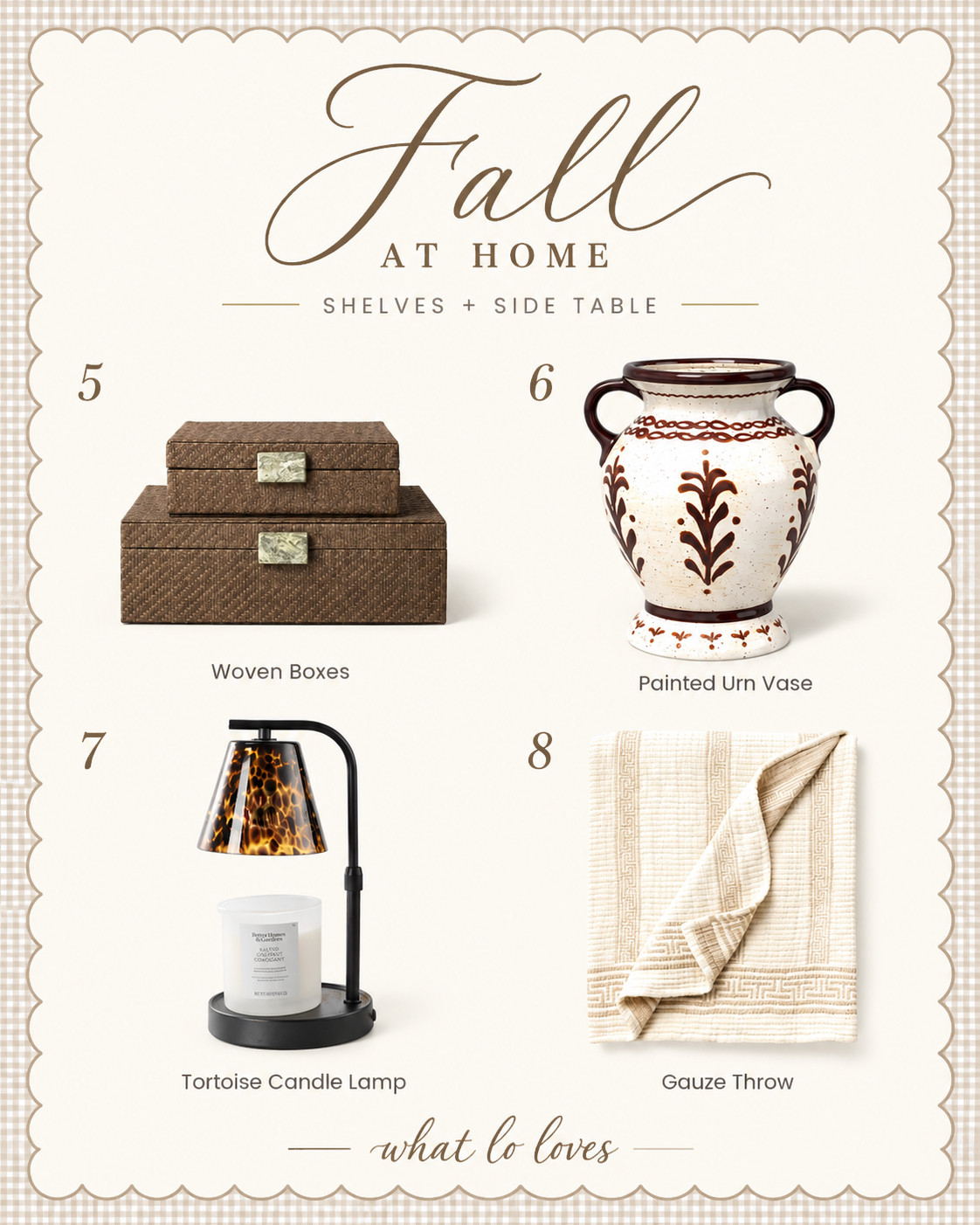 Styling my shelves and side table for fall :) The woven boxes and painted urn vase look so much more expensive than they are, and I'm obsessed with this tortoise candle warmer lamp! Woven decorative boxes, painted ceramic urn vase, tortoise glass candle warmer lamp and Greek key gauze throw blanket. Neutral fall decor, bookshelf decor, side table styling, Target and Walmart home finds.

#LTKHome #LTKSeasonal #LTKFindsUnder50 

 #LTKSeasonal #LTKHome #LTKSaleAlert