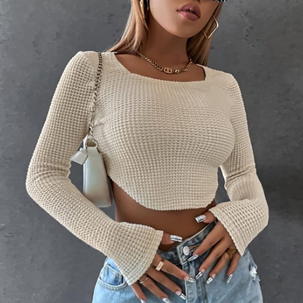 Meladyan Women Long Sleeve Knitted Solid Crop Top Square Neck Fitted Asymmetrical Hem Cropped Tee Sh | Amazon (US)