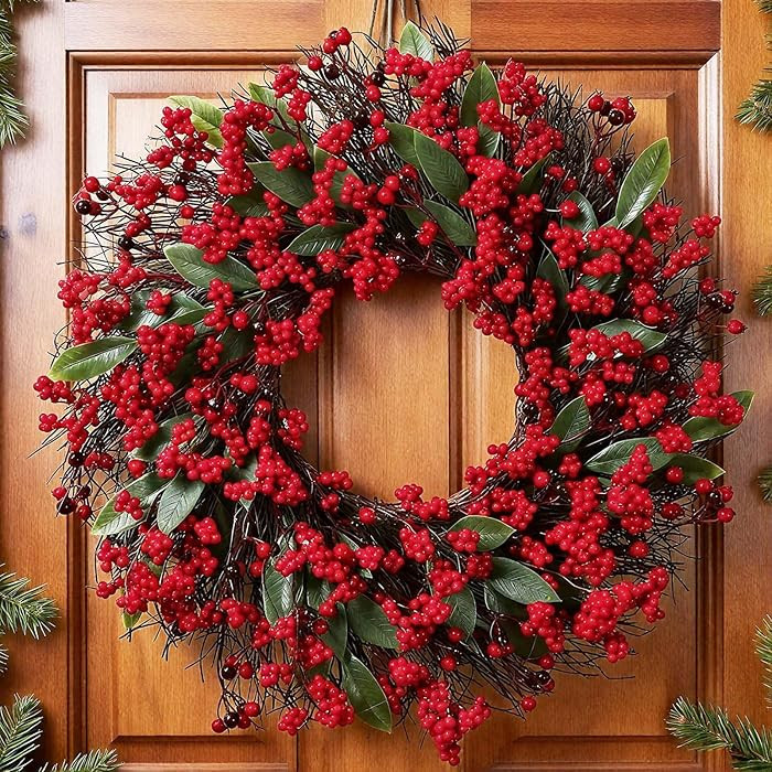 Christmas Wreaths for Front Door Xmas Red Berry Wreath with Green Leaves for Wall Farmhouse Windo... | Amazon (US)