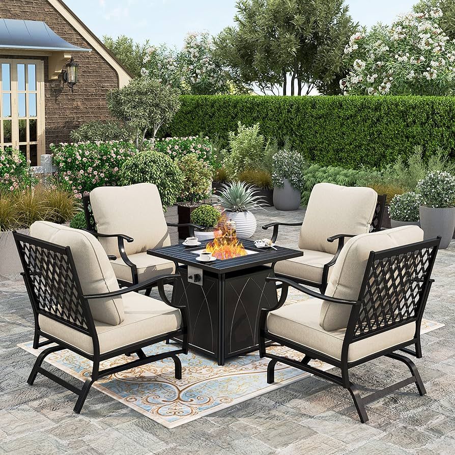 HERA'S HOUSE 5 Pieces Patio Furniture Set with Fire Pit Table, 4 x Thick Cushioned Rocking Chairs... | Amazon (US)