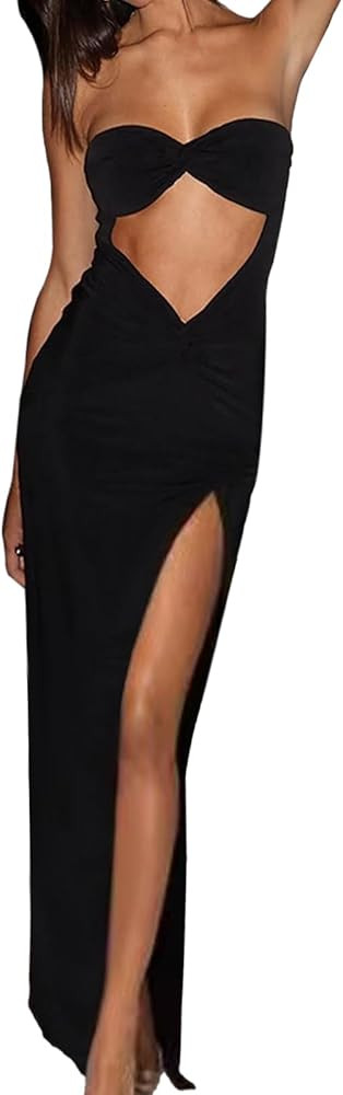 Sexy Cut Out Strapless Tube Backless Maxi Dress for Women High Slit Twist Knot | Amazon (US)