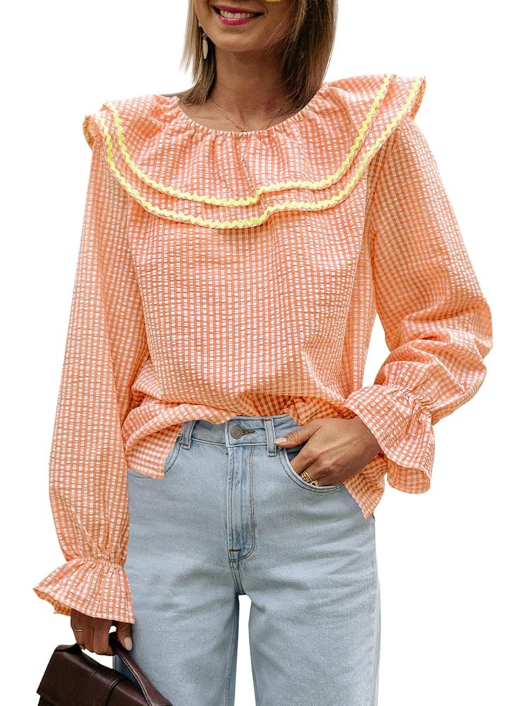 Tankaneo Womens Long Sleeve Blouses Tops Gingham Babydoll Ruffle Crew Neck Color Block Cotton Shi... | Amazon (US)