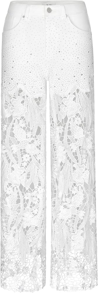 JW PEI Women's Embroidery High Rise Wide Leg Lace Denim Jeans with Rhinestone | Amazon (US)