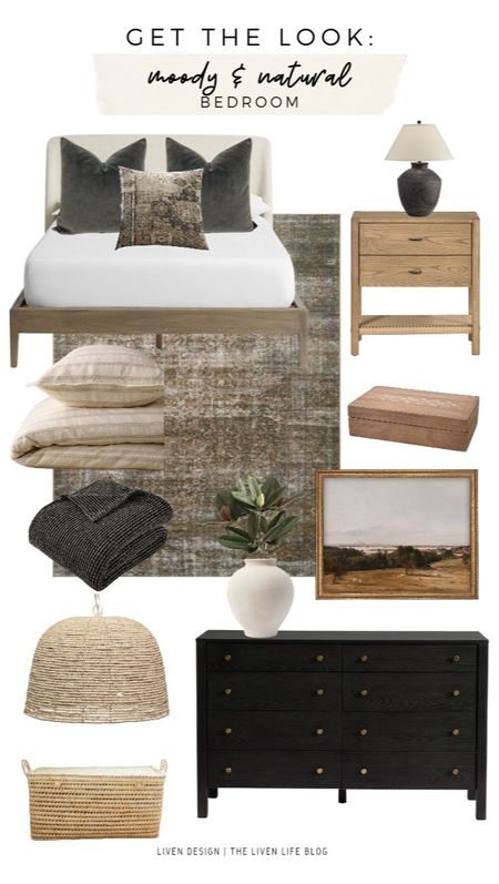 Moody natural bedroom. Home decor. Home accents. Distressed traditional antique area rug. Loloi rug. Wood and woven nightstand. black dresser. Wood decorative box. Ceramic lamp. moody landscape painting. vintage landscape art. striped quilt. Bedding. Gray velvet pillows. Neutral decor. Traditional decor. Ceramic vase. woven storage trunk. Woven beaded chandelier pendant. Gray bed blanket. Tapestry print pillow. 

#LTKSeasonal #LTKhome #LTKstyletip