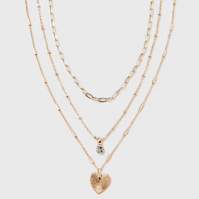 Valentine's Day Gold 3 Row With Textured Heart Necklace - A New Day™ Gold | Target