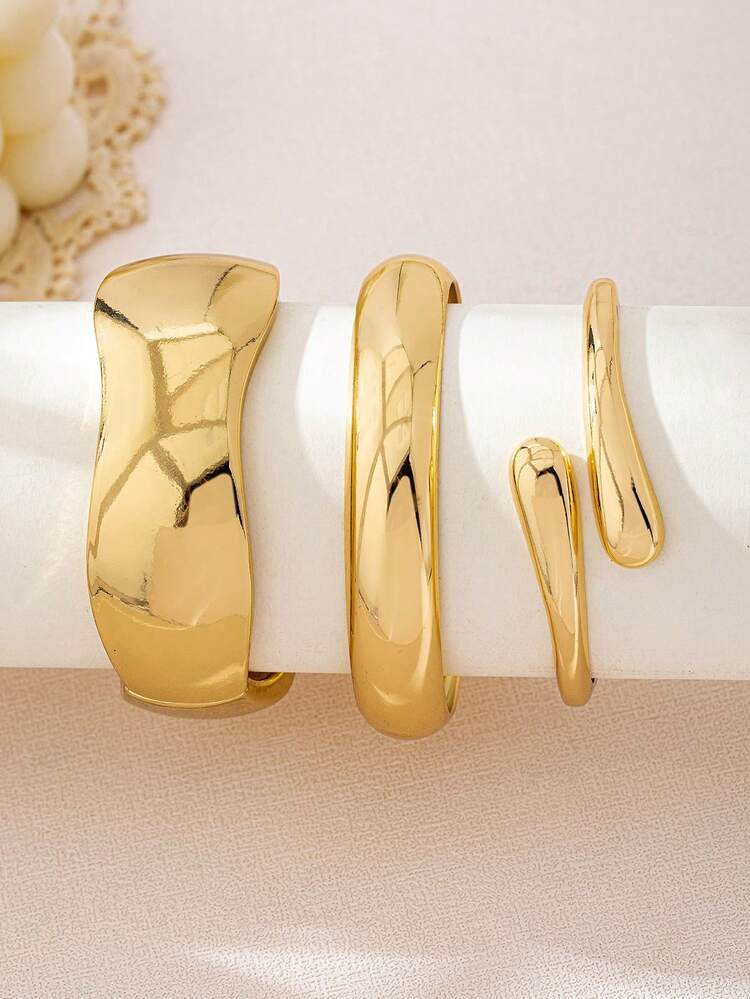 3pcs/Set Minimalist Geometric Asymmetrical Teardrop Shaped Metal Bangle Bracelet Set, Thick Solid Gold-Tone Alloy Material, Suitable For Women | SHEIN