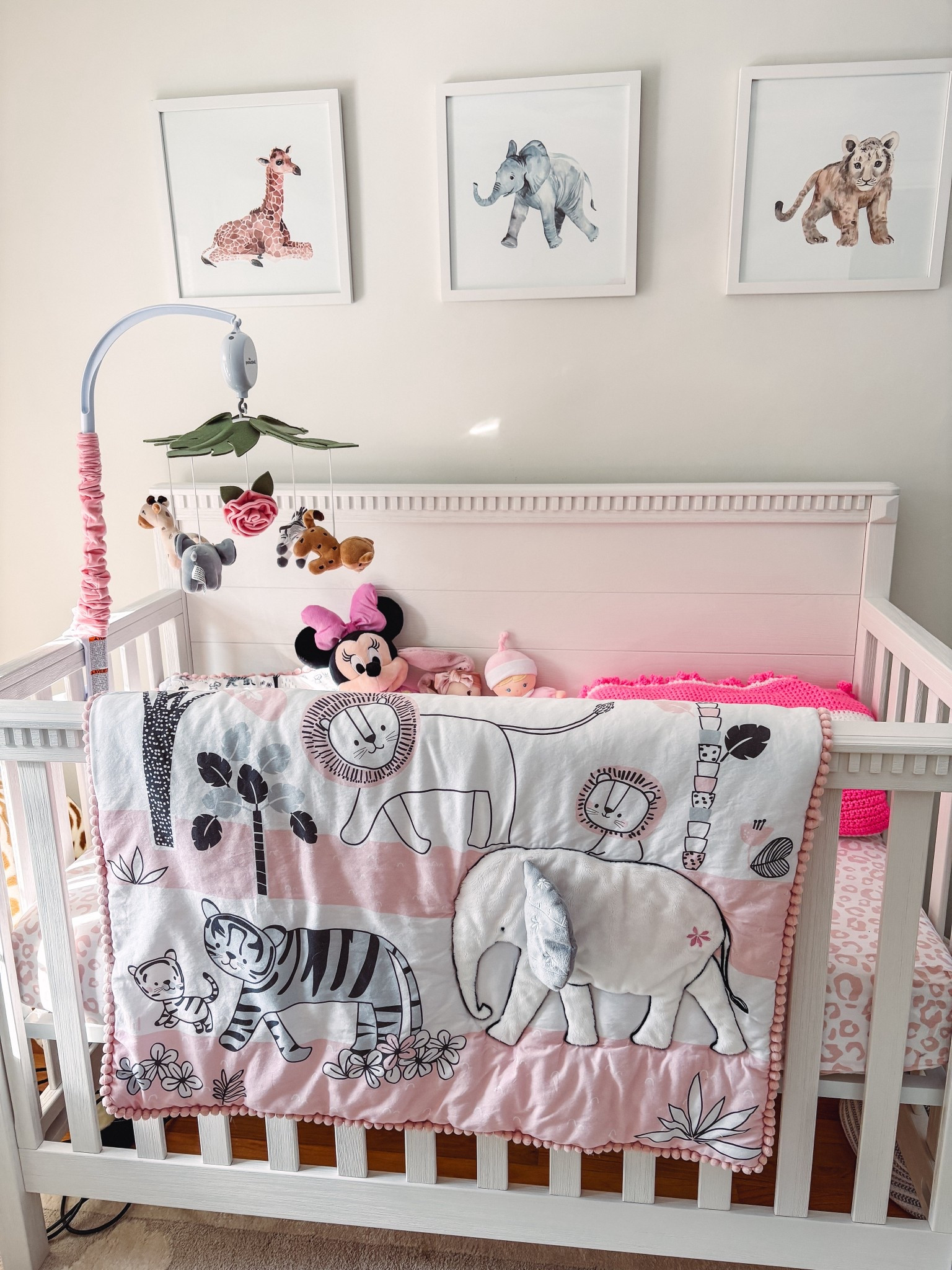 Jungle safari theme baby room nursery 
Pink leopard toddler sheets, safari theme comforter and toddler pillow case, mobile, and baby lion, elephant, giraffe prints 
Baby girl nursery ideas! 

#LTKKids #LTKBaby #LTKmomlife