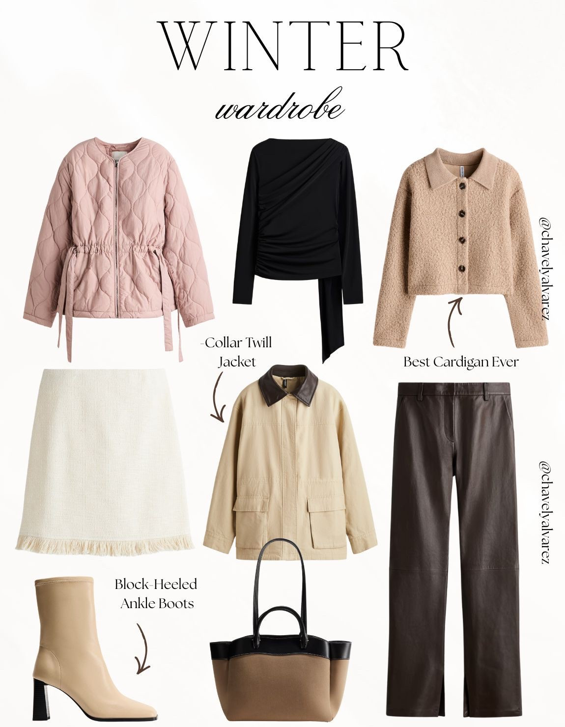 WINTER WARDROBE: Quilted Layers, Chic Knits, & Leather Accents! ❄️

Elevate your seasonal rotation with these sophisticated and versatile winter staples from H&M!

We are obsessed with the variety of textures in this collection: from the soft blush pink quilted tie-waist jacket to the "best cardigan ever" in a cozy oatmeal teddy knit. Balance the feminine layers with edgy structured pieces like the chocolate brown leather trousers or a classic cream tweed mini skirt with fringe detailing. Finish the look with polished essentials: a pair of sleek beige block-heeled ankle boots, a draped black asymmetrical top for a touch of drama, and a two-toned tan and black carryall tote for all your winter necessities!

#WinterWardrobe
#HMhaul
#QuiltedJacket
#LeatherPants
#WinterOutfits
#AnkleBoots
#TweedSkirt
#CozyStyle
#MinimalistFashion
#EverydayChic
#LTKStyle
#CapsuleWardrobe
#StreetStyleInspo
#WinterEssentials
#CasualOOTD


#LTKgrwm #LTKSeasonal #LTKootd