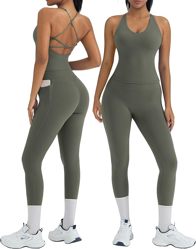 OMKAGI 2 Piece Workout Sets for Women Padded Workout Tops Booty Leggings with Pockets Gym Sets | Amazon (US)