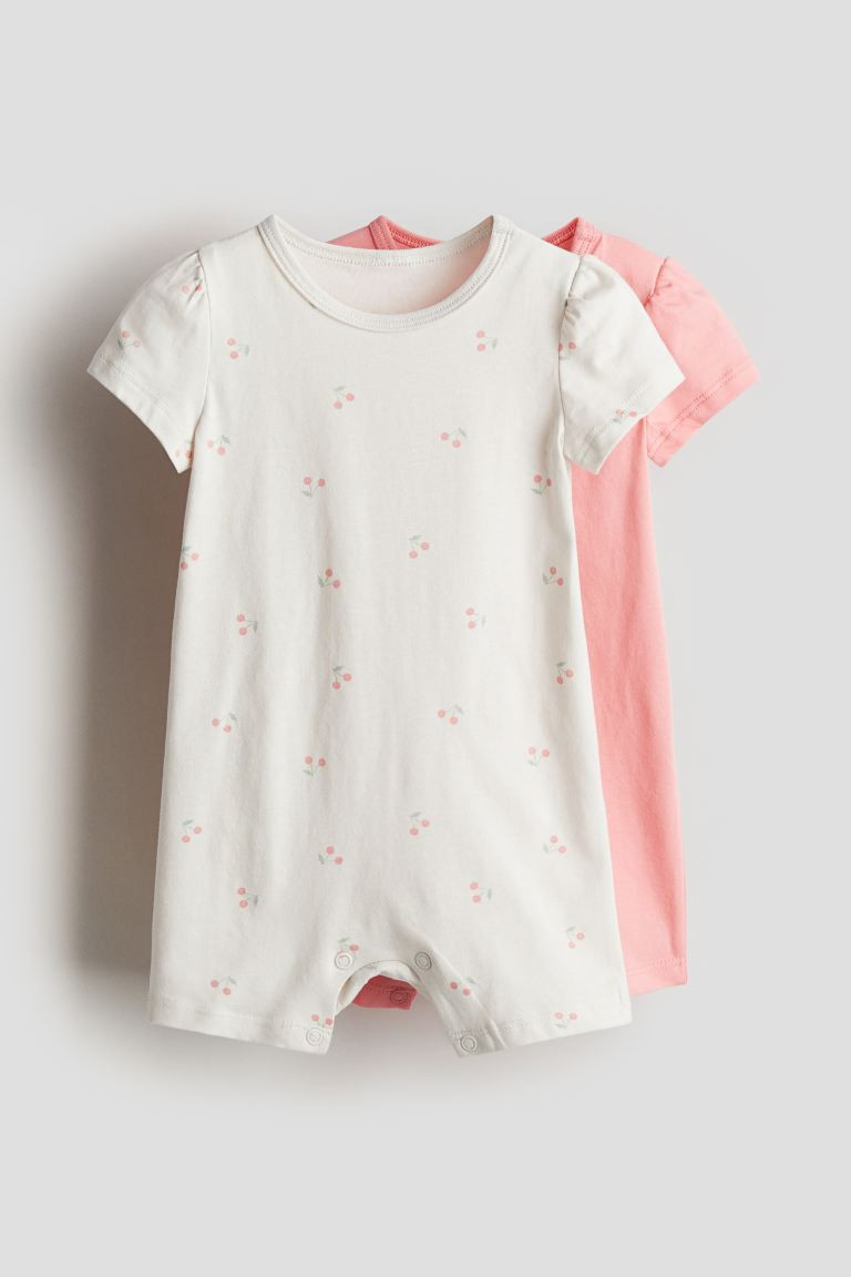 2-pack Cotton Jersey Jumpsuits - Round Neck - Short sleeve - White/cherries - Kids | H&M US | H&M (US + CA)