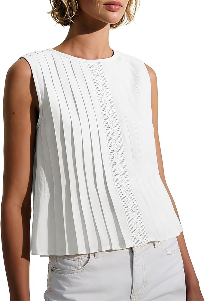 Womens Pleated Crop Tank Tops Summer Sleeveless Crew Neck Blouse Loose Fit Trendy Y2K Guipure Bab... | Amazon (US)