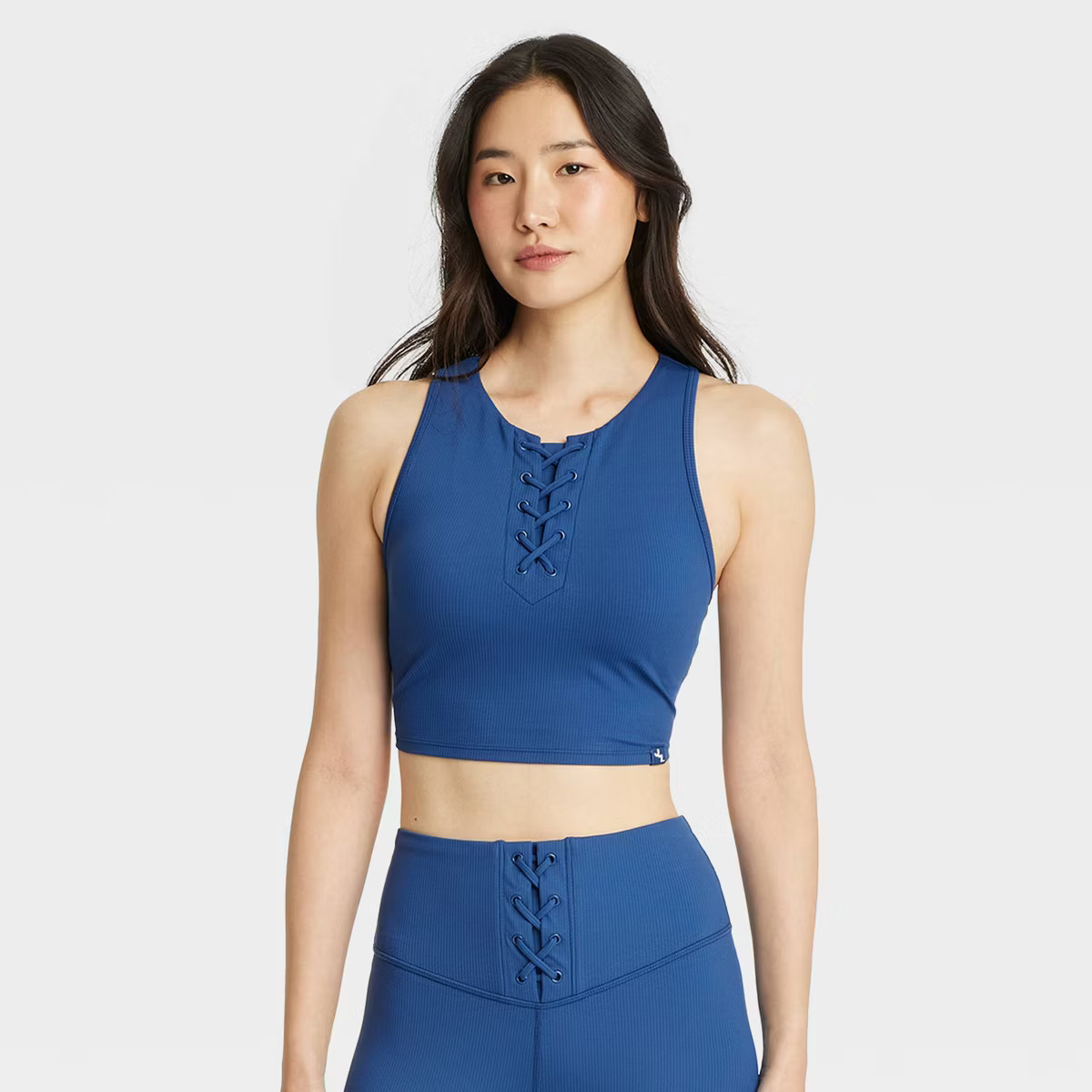 Women's Lace-Up Detail Ribbed Cropped Support Top - JoyLab™ Sapphire Blue S | Target