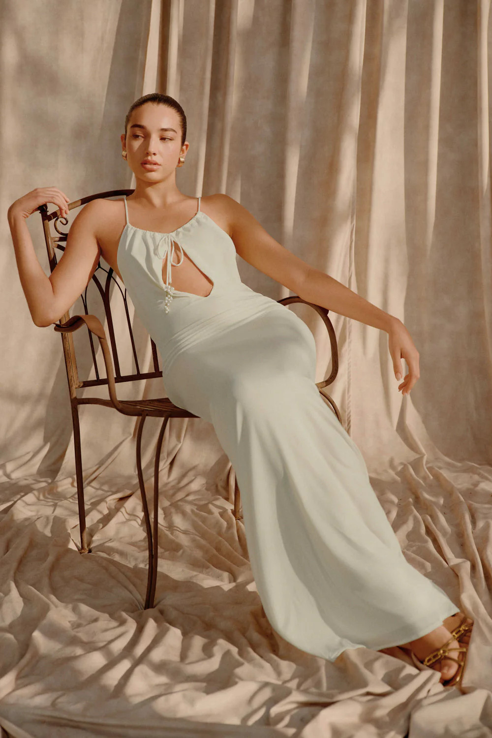Beryl Slinky Maxi Dress With Pearls - Ivory | MESHKI US