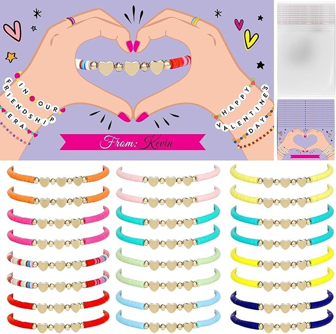24 Set Valentines Day Gifts Bulk Valentines Cards with Colorful Friendship Bracelets Classroom Sc... | Amazon (US)