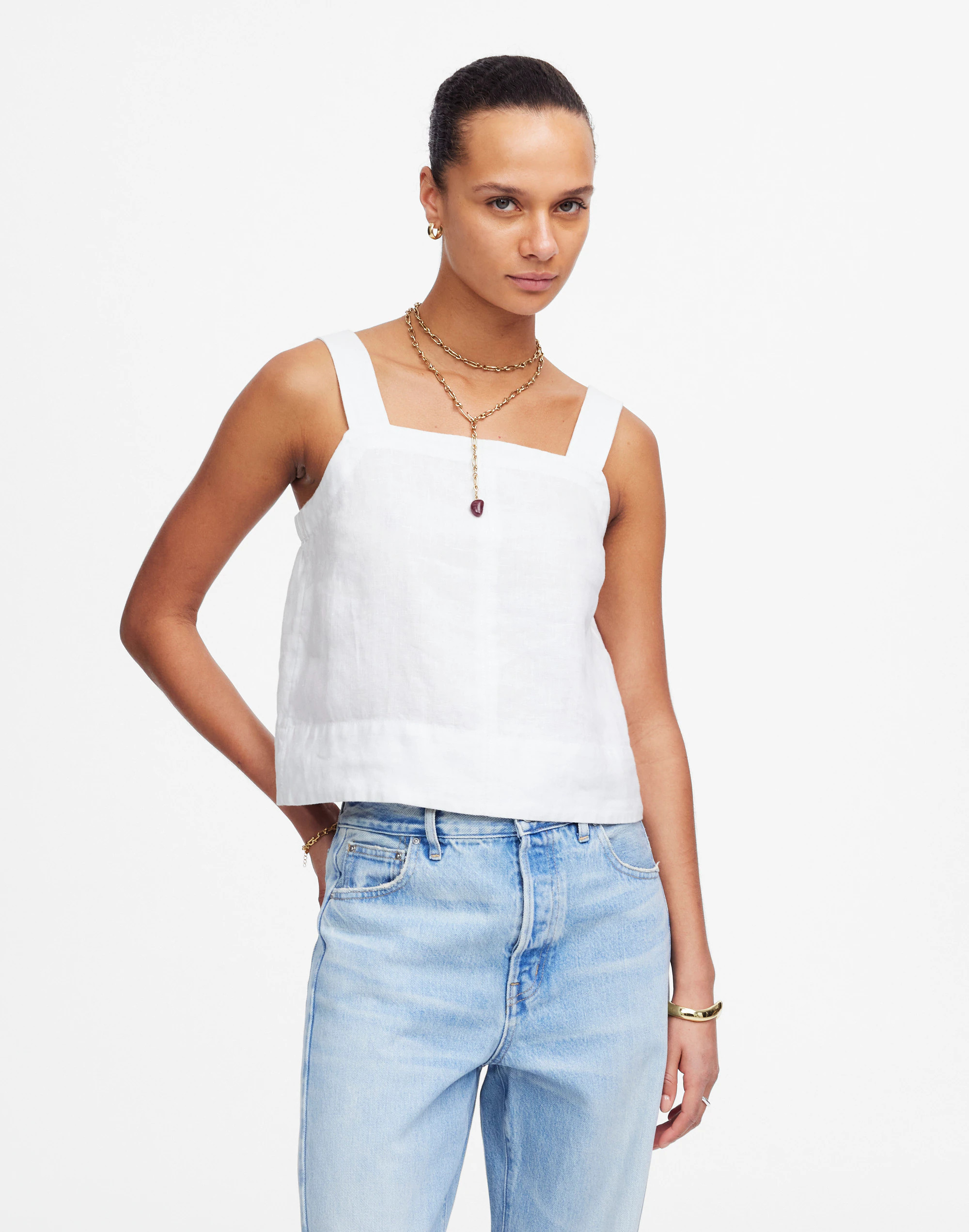 Contrast-Stitch Squareneck Top in 100% Linen | Madewell