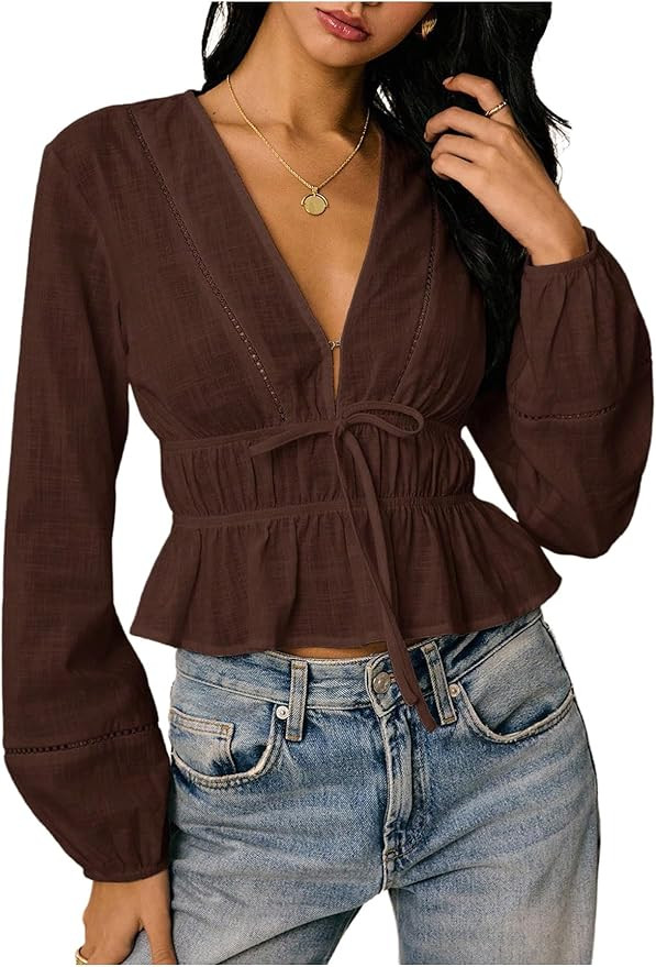 SweatyRocks Women's Bow Tie Front Deep V Neck Peplum Blouse Long Sleeve Babydoll Ruffle Shirts | Amazon (US)