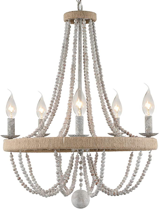 French Country Chandelier for Dinning Room, Wooden Bead Tassel Farmhouse Chandelier, Hemp Ropes W... | Amazon (US)