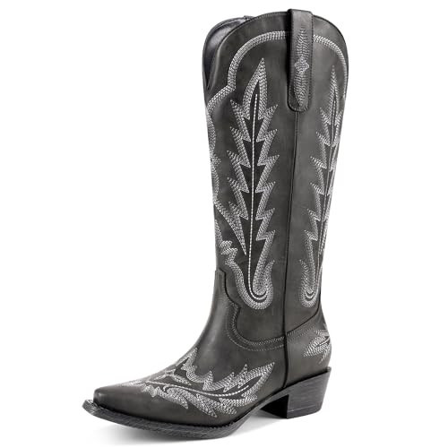 zhsrin Black Cowboy Boots For Women Knee High Cowgirl Boots Wide Calf Retro Pointed Toe Pull On Western Tall Boot for Ladies Rodeos Party Concert Festival Black 10 | Amazon (US)