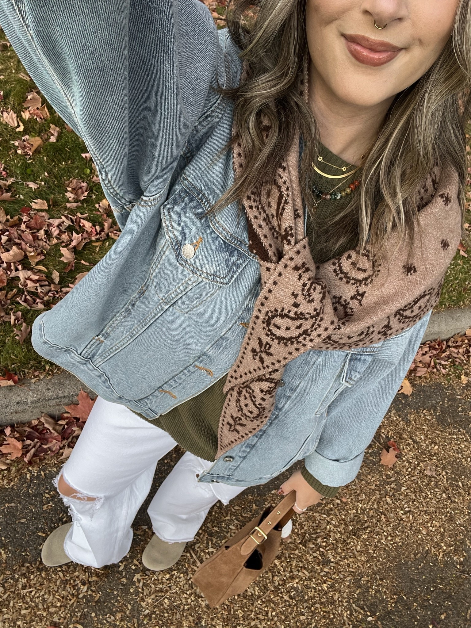 Casual fall outfit! Wearing size 30 in the white jeans. Wearing size L in the olive green sweater (Canadian link under “similar products”). Sized up to XL in the denim jacket for an oversized fit. I’m a 9.5-10 shoe and wear a 40 in the Birkenstocks. Scarf is low stock so I linked a bunch similar