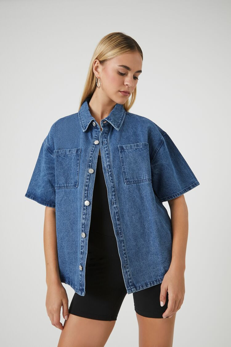 Twill Short-Sleeve Denim Shacket | Forever 21 (US)