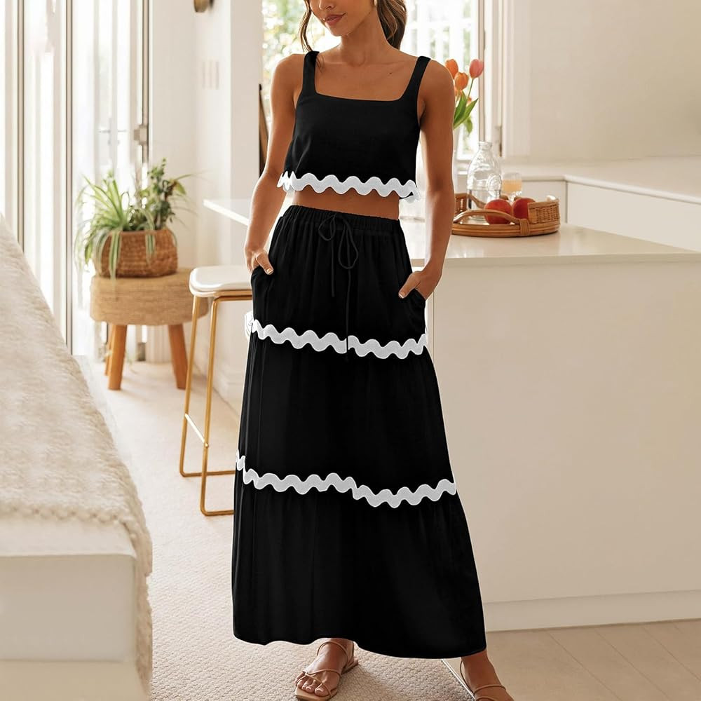 Women's Summer 2 Piece Outfit Sleeveless Rickrack Trim Crop Tank Top Pleated Elastic High Waist Maxi Skirt Set | Amazon (US)