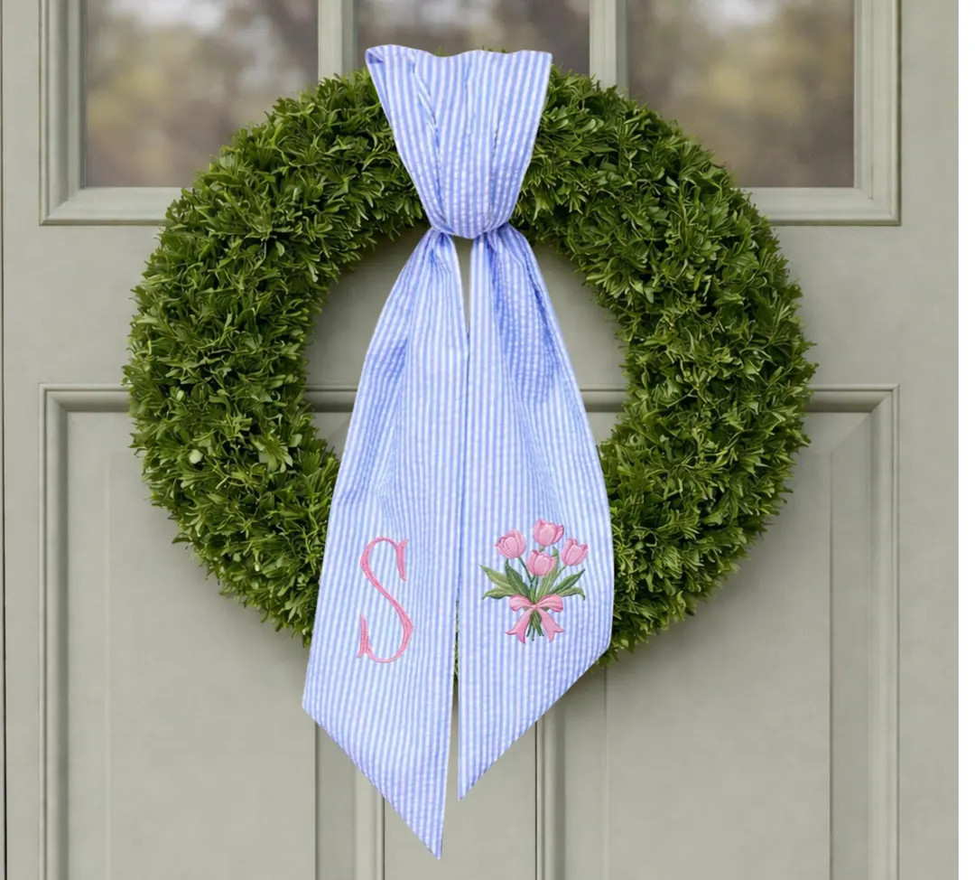 Blue Seersucker Wreath Sash – Personalized Spring Door Décor (tulip & Monogram Color Choice) -... | Etsy (US)