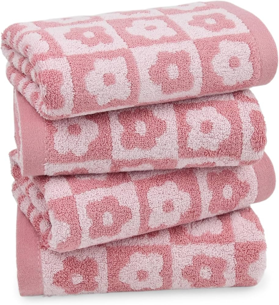 Jacquotha Cotton Hand Towels Pink Checkered Floral - Quick Drying Hand Towel Set of 4, Gift for W... | Amazon (US)