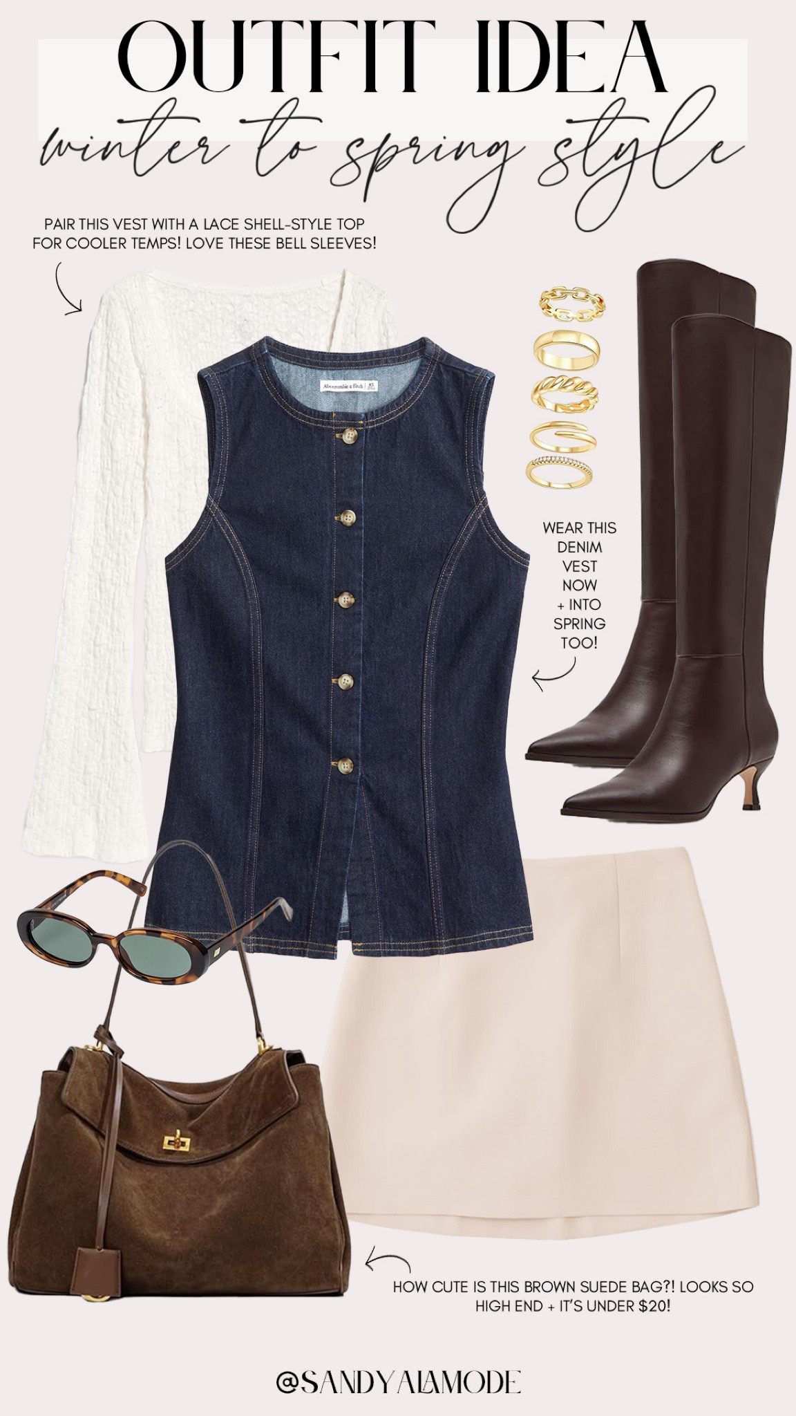 Winter to spring style. Elevated casual outfit idea. Denim vest. How to style a denim vest. Chic neutral outfit  

#LTKStyleTip #LTKFindsUnder100