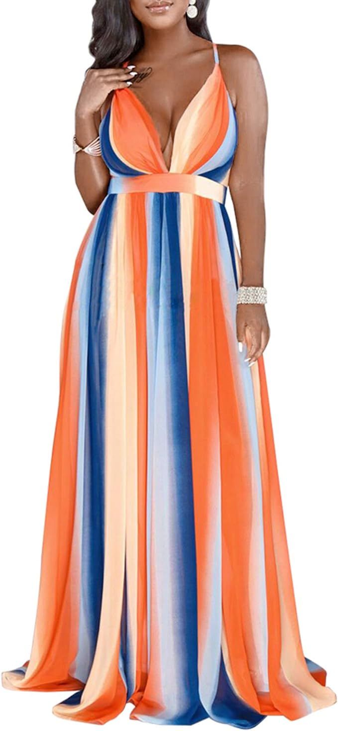 FANDEE Summer Dresses for Women Maxi Sexy Strap Floral Chiffon V Neck | Amazon (US)