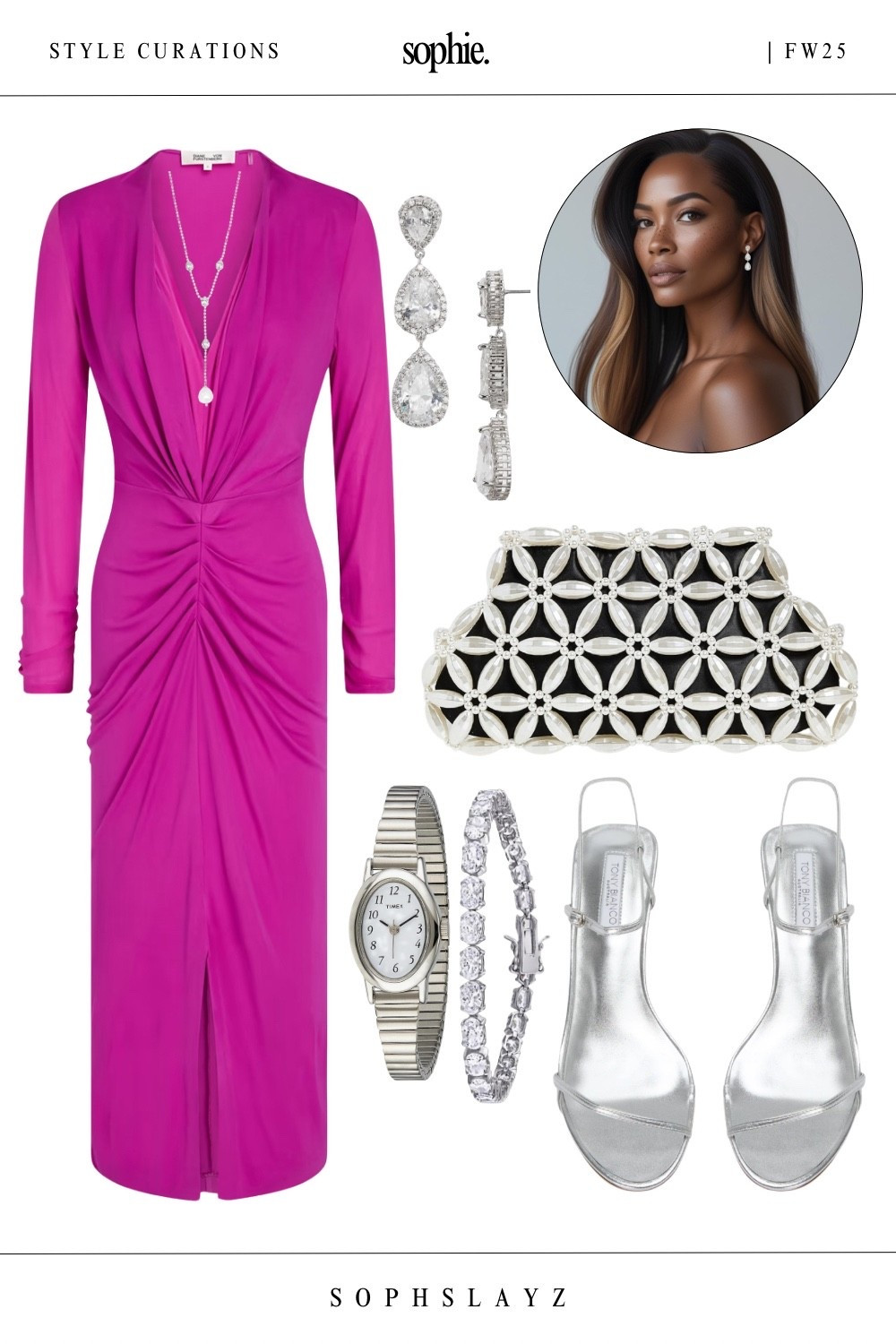 This look: vibrant pink midi dress, silver strappy heel sandals, statement clutch, and stacked sparkle jewelry. She came to be seen. Wear this for formal dinner parties, holiday parties, or a high style date night. 

🔎 holiday party outfit, date night outfit, special occasion outfit, party dress, pink dress, party look, fw25

#LTKootd
