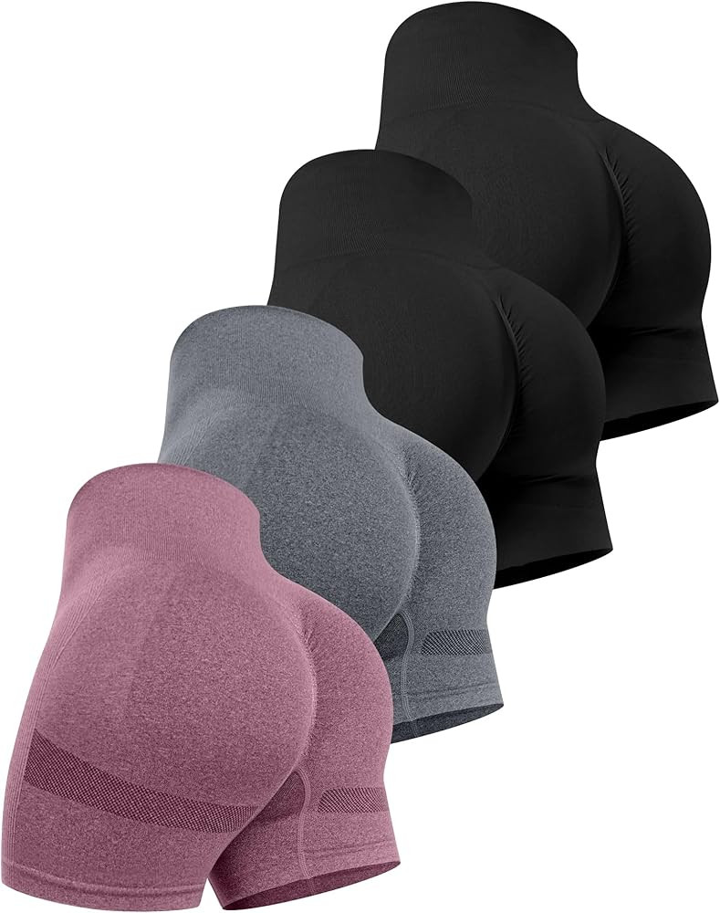 CHRLEISURE Women's 4 Packs Workout Gym Shorts, High Waisted Butt Lifting Scrunch Butt Seamless Bo... | Amazon (US)