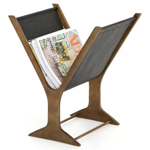 Fely Rustic Lodge Brown Aluminum Frame Black Faux Leather Magazine Rack | Kathy Kuo Home