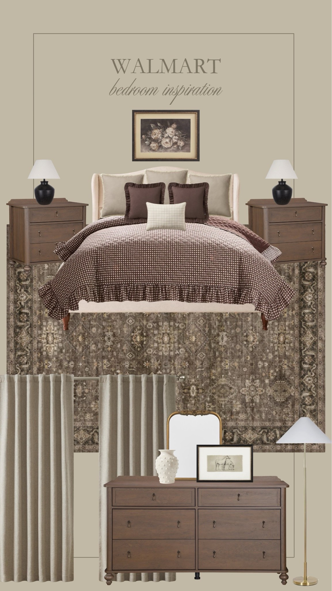 Moody, cozy, neutral bedroom inspiration from Walmart! Would you believe that these are all affordable Walmart finds?! Such gorgeous bedding and those nightstands are so charming 🤎