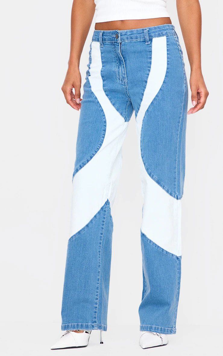 Light Blue Contrast Panel Straight Leg Jeans | PrettyLittleThing US