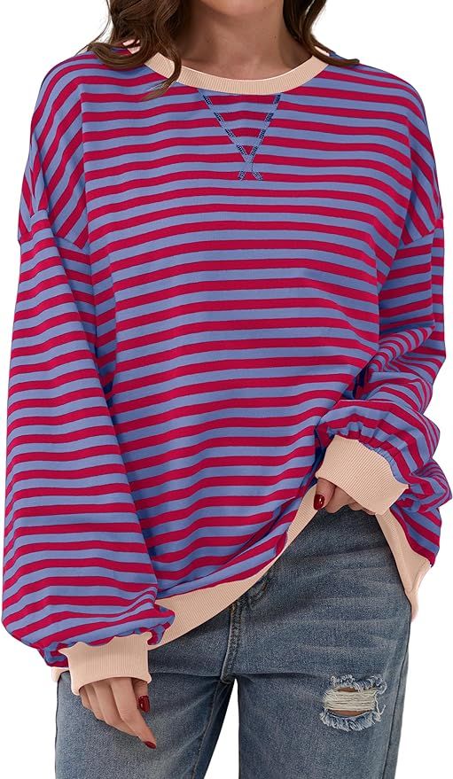 Women Oversized Striped Color Block Long Sleeve Crew Neck Sweatshirt Casual Loose Pullover Y2K Sh... | Amazon (US)