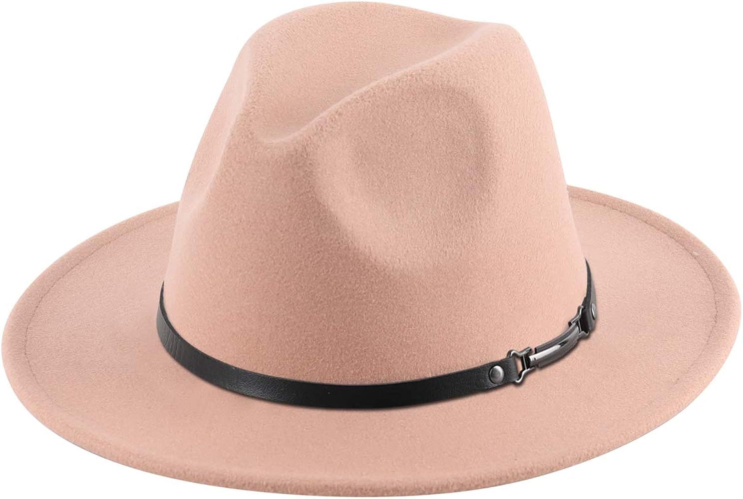 Women Lady Retro Wide Brim Floppy Panama Hat Belt Buckle Wool Fedora Hat | Amazon (US)