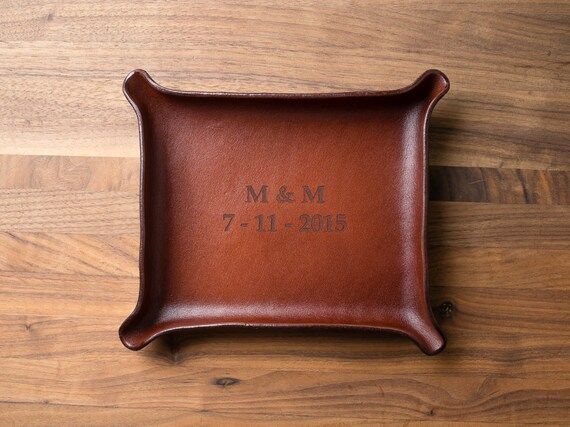 DUAL MONOGRAM & DATE Leather Catchall  Medium Brown valet | Etsy | Etsy (US)