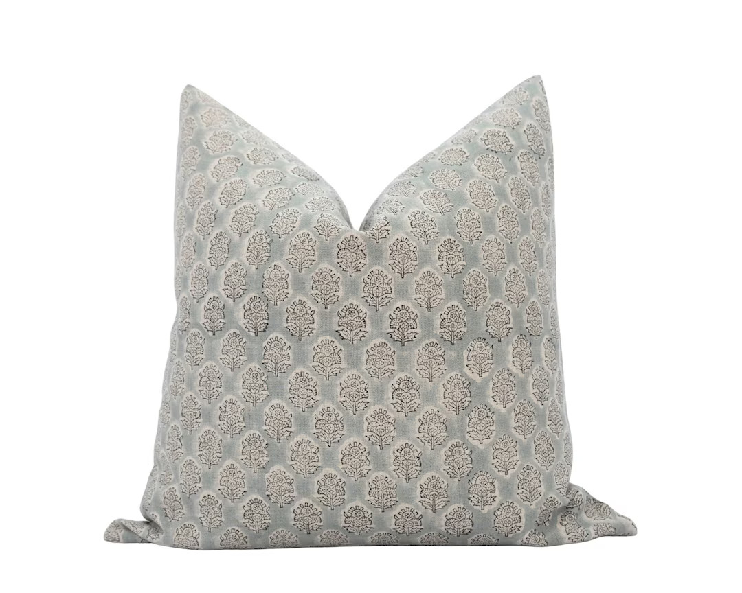 RIVER  Muted Blue Floral Pillow Cover Blue Block Print - Etsy | Etsy (US)