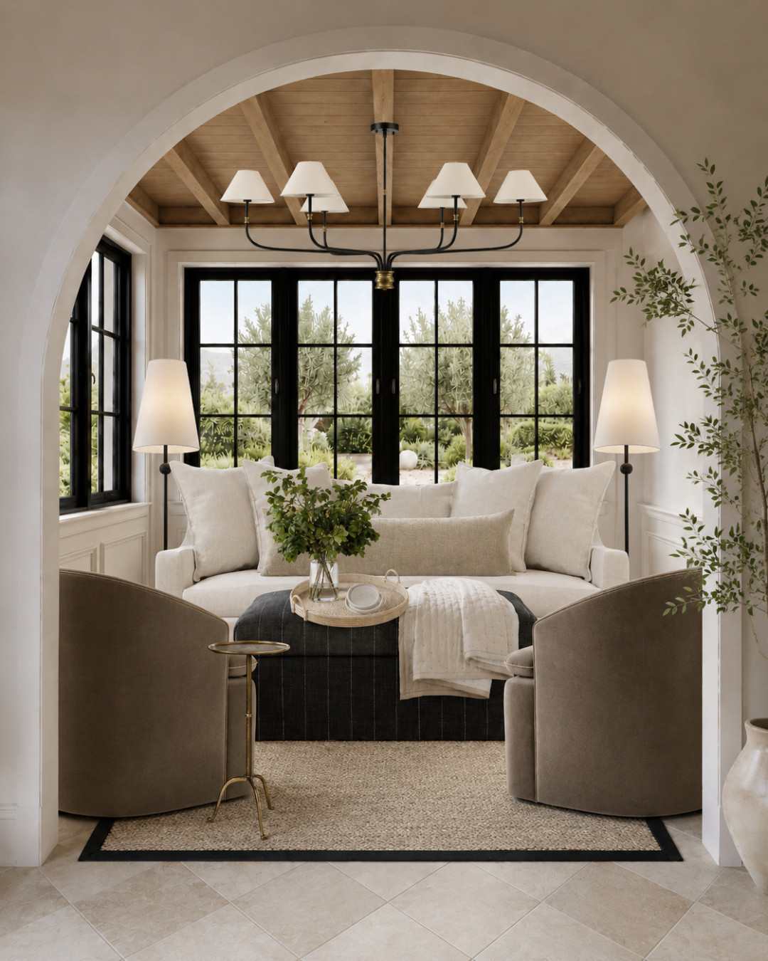 This is the kind of space that instantly makes you exhale. ✨

Soft neutrals, warm wood ceilings, layered textures, and black accents that give the whole room just enough contrast to feel grounded. The arched opening frames the space perfectly, while the mix of cozy upholstery and tailored lighting keeps it feeling elevated but still relaxed.

What I love most is how simple everything is — nothing overly trendy, just timeless pieces working together in the right palette.

If you want your home to feel warm, calm, and designer without feeling formal, this is the direction I’d go every time.

This is what cozy and elevated looks like together. ✨ 

 #LTKHome