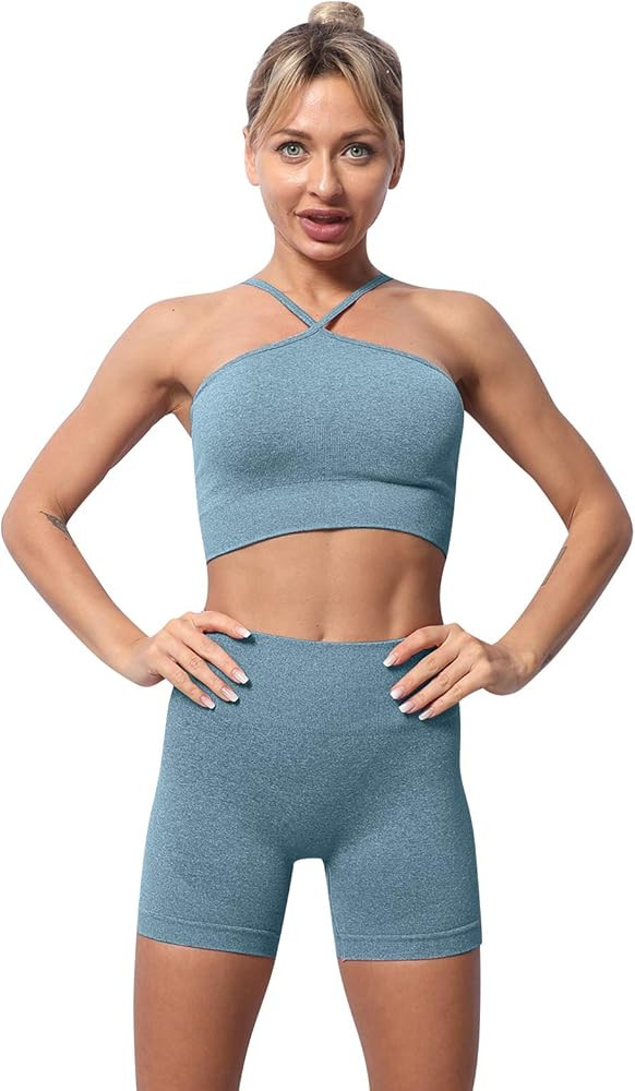 Womens Workout Sets 2 Piece Yoga Outfits Criss Cross Sports Bra High Waist Yoga Shorts Sets Track... | Amazon (US)