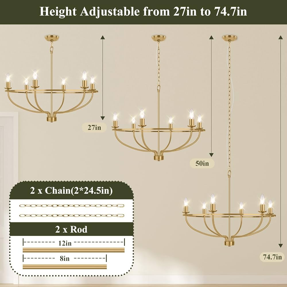 6-Light Gold Chandelier Light Fixture, Vintage Dining Room Light Fixtures Over Table, Modern Bras... | Amazon (US)