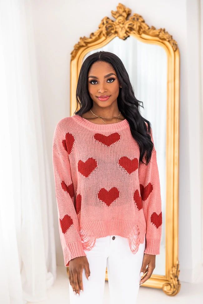 Simply Sweet Distressed Heart Pink Sweater | The Pink Lily Boutique